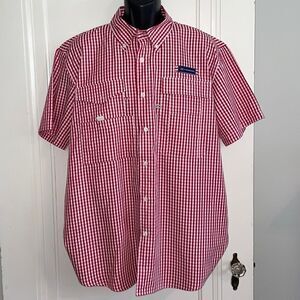 Turnrows red &‎ white check vented short sleeve polyester/cotton shirt